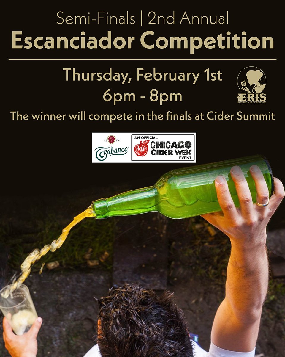 Chicago Ciderweek (@ciderweekchi) on Twitter photo Celebrate the tradition of the Spanish long pour at the 2nd annual Esconciador Competition semi-finals at @erischicago with @sidratrabanco compete or just come to watch some world-class throwing. Visit @cidersummit on Saturday, Feb 3 to see the final round! <a href="/ChicagoCider/">Cider Brian</a> Celebrate the tradition of the Spanish long pour at the 2nd annual Esconciador Competition semi-finals at @erischicago with @sidratrabanco compete or just come to watch some world-class throwing. Visit @cidersummit on Saturday, Feb 3 to see the final round! <a href="/ChicagoCider/">Cider Brian</a>