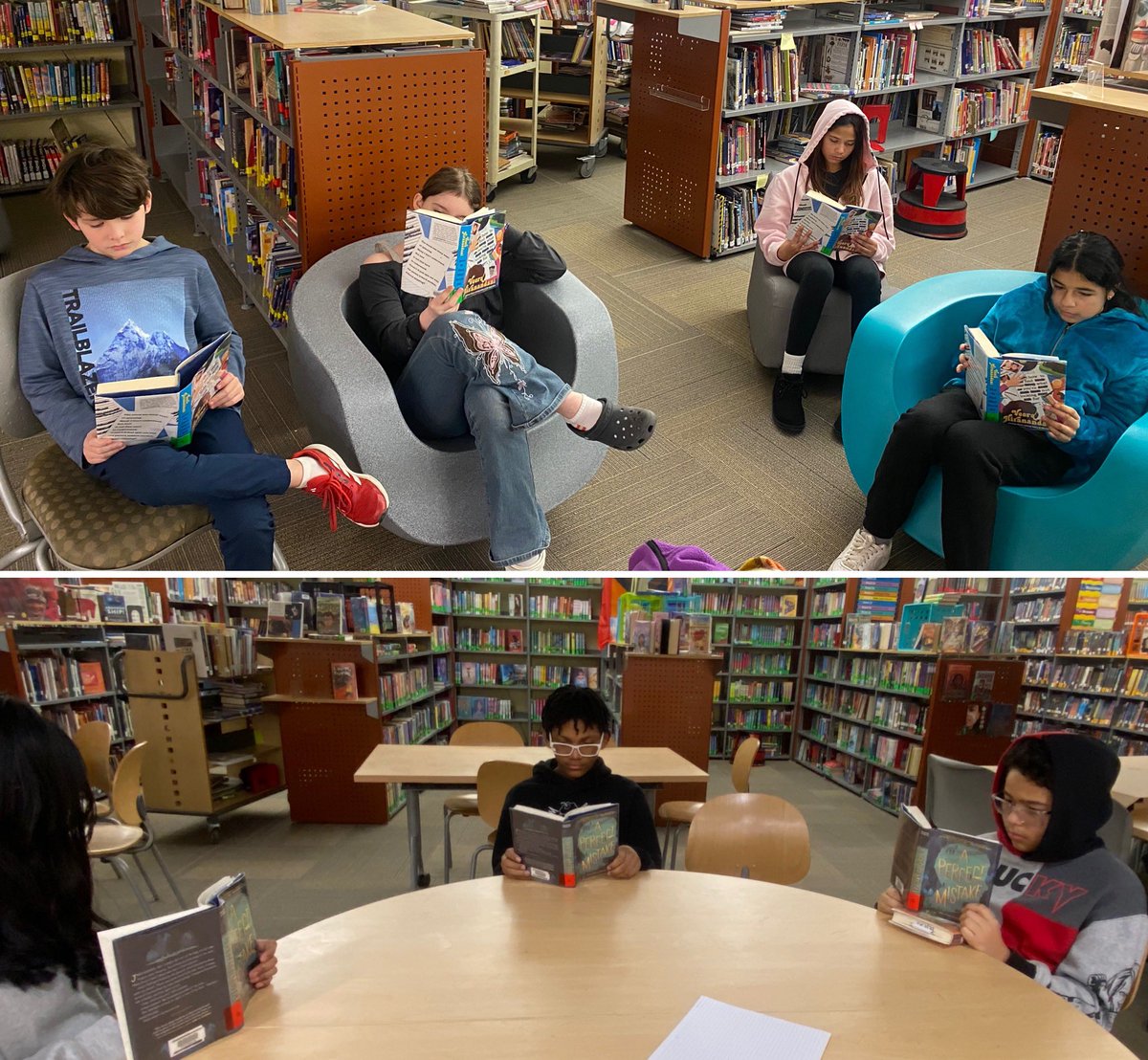 Mr. Grimes’ students made some great picks for their next book clubs! 🥰
📖How To Find What You’re Not Looking For by @VeeraHira
📖 A Perfect Mistake by @MLConklin  
They were happily reading away within seconds of deciding! You could have heard a pin drop! ❤️❤️