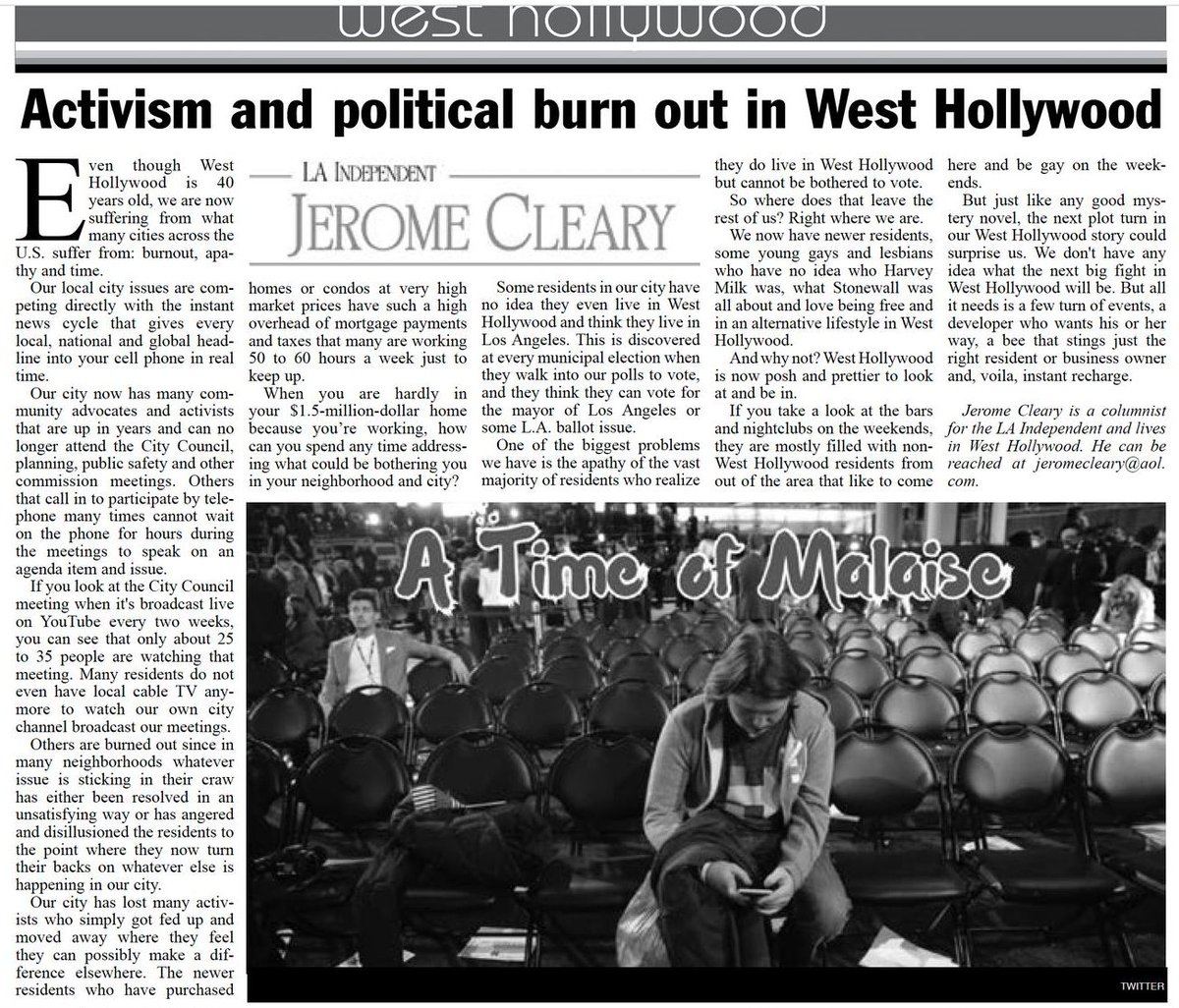 ClearyJerome's tweet photo. my column this week: #westhollywood #losangeles #hollywood #california #gay #straight #lesbian #politics #activism #burnout #lgbt #lgbtqia #government #city #citycouncil #citycouncilmeeting #zoom #local #localtv #cabletv #localcabletv #crime #voices #residents #problemssolving https://t.co/ko9YLfy1Jt