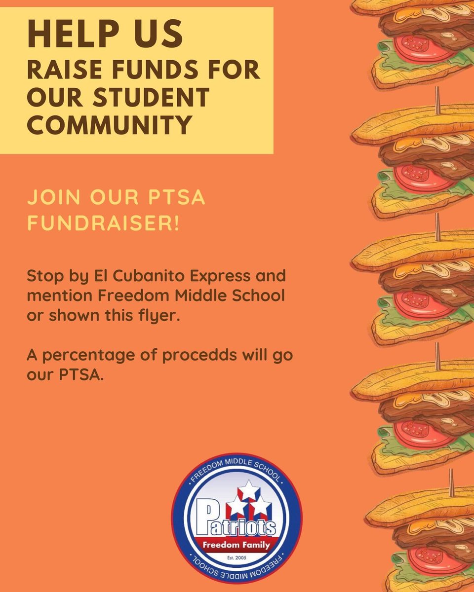 Hey freedom fam! 
Join us for our next PTSA fundraiser at Cubanito Express on January 23rd 📆
3222 SOUTH HARLEM AVE
RIVERSIDE, IL 60546
Mention Freedom Middle School or show this flyer and some of the proceeds will go to our school. 
#d100inspira #freedomfam100