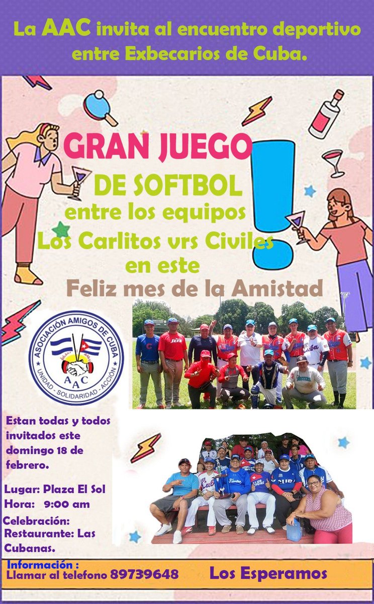La Asociación Amigos de Cuba invita a gran juego de softball el próximo 18 de febrero en celebración de la Amistad Cuba Nicaragua a partir de las 9am Plaza del Sol. 
@DeEmbacuba @CubaEnNicaragua @siempreconcuba @embacubanic