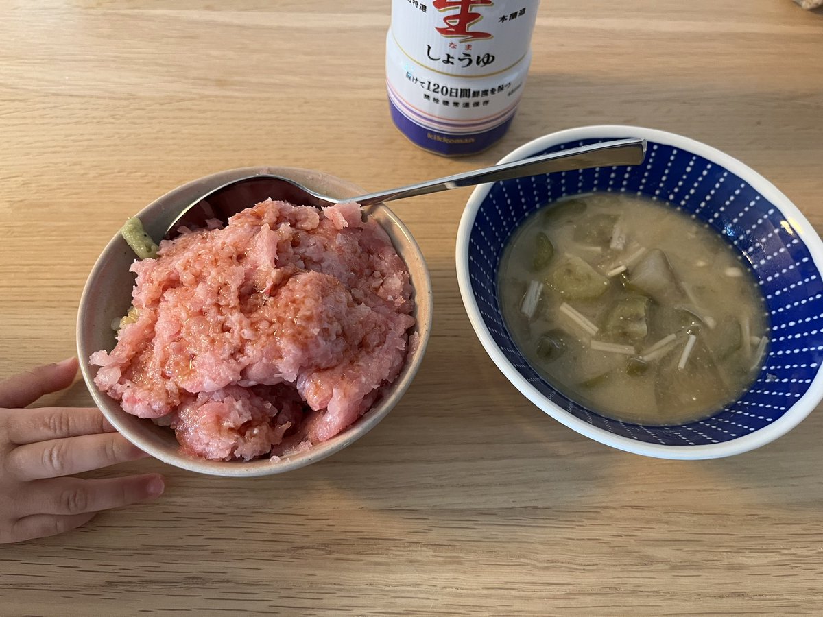 私の朝ごはん
ふるさと納税で来月までに消費しなきゃいけない大量のネギトロ😂（まだ冷凍庫にたくさんある）
冷蔵庫に入れてた２日前の味噌汁😇
上の子👧🏻の幼稚園バス見送ってから1人で食べるから、いつも下の子👶に狙われてる🥹
びーふぁの呟きしないけど私は変わらず元気です🥹