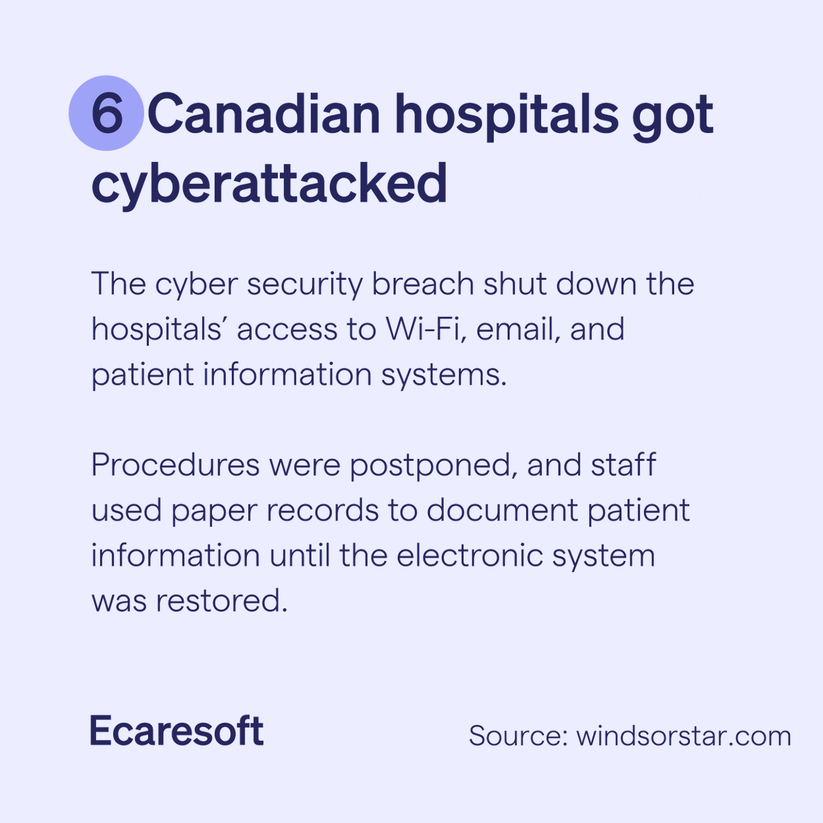 ecaresoft's tweet photo. Due to a ransomware attack, some hospitals in Canada had their data stolen, with no access to the Wi-Fi networks, email, or patient information systems.

Procedures were postponed, and staff used paper records to document patient info

#IT #hospital #healthcare #ransomware #EHR https://t.co/bvkpfg72Na