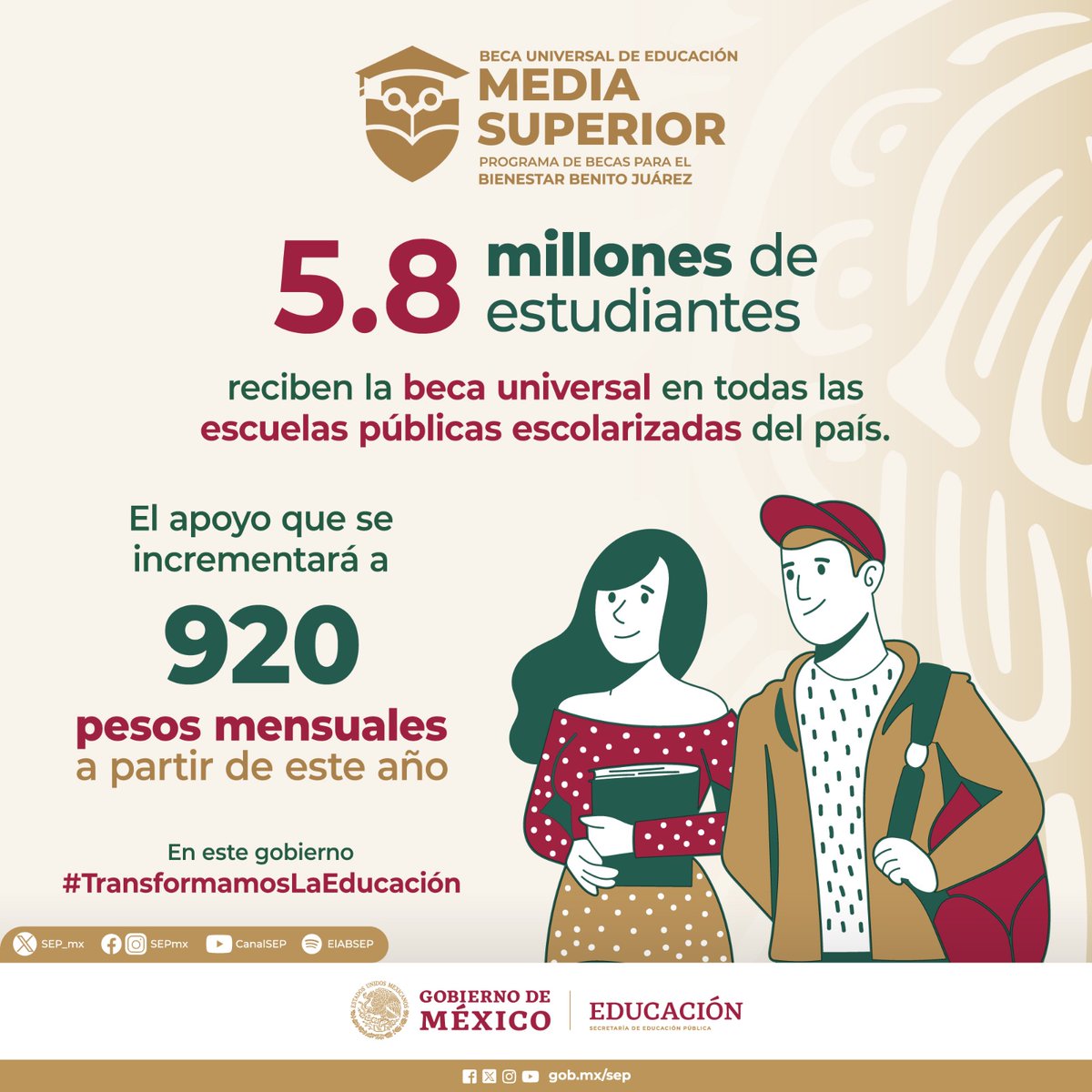 ¡Que nadie se quede atrás! 

🧐El 2024 viene con sorpresas y una de ellas es que las y los estudiantes de educación #MediaSuperior tendrán un incremento en su beca.👏🏽👏🏽👏🏽👏🏽

¿Lo sabías? 😱
Conoce más: bit.ly/3vmPU4x 

#TransformamosLaEducación ✔️