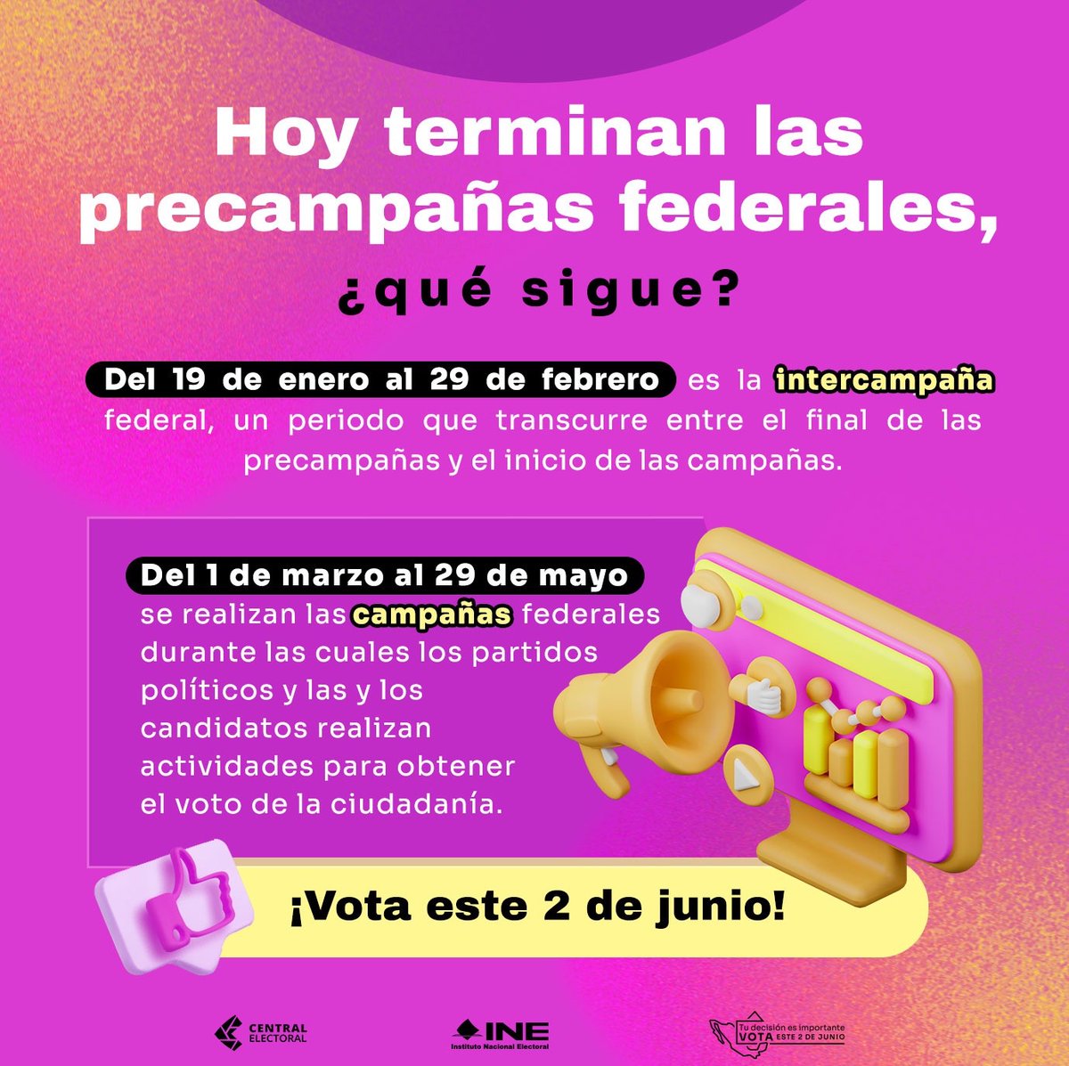 🗓️¿Sabes cuándo se desarrollarán los periodos de #Intercampaña y de campañas federales en las #Elecciones2024MX? Conoce más sobre estos procesos. ➡️ ine.mx