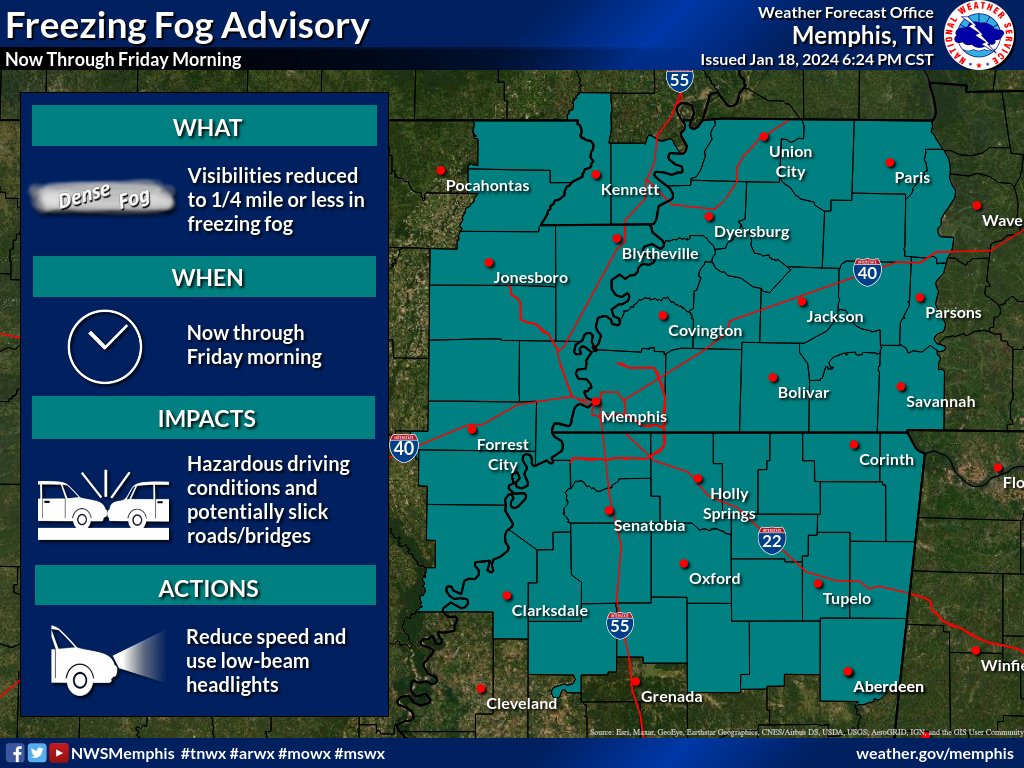 NWSMemphis's tweet image. Heads up! A new threat has emerged tonight. Dense Freezing Fog will affect the entire Mid-South tonight through early tomorrow morning. Bottom Line: If you don't need to travel, please stay off the roadways. Please be safe. #tnwx #arwx #mswx #mowx