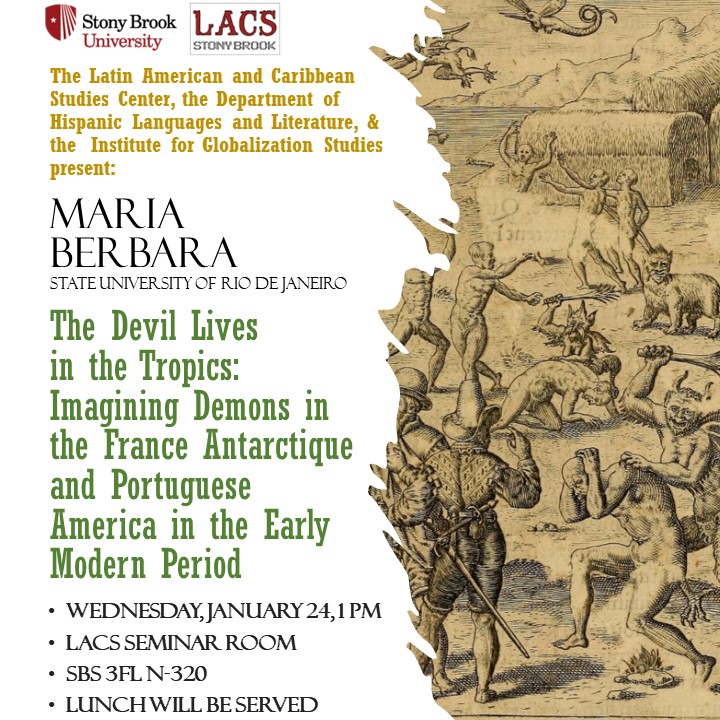 Cold first week of classes? Not with our talk and lunch: Wed Jan 24th (2024) at 1 pm Prof. Berbara (UERJ, Brazil) will give a talk on André Thevet's influential 1558 "France Antarctique" and early Brazilian imagination. Lunch will be served! <a href="/StonyBrookLACS/">SBU LACS</a>
