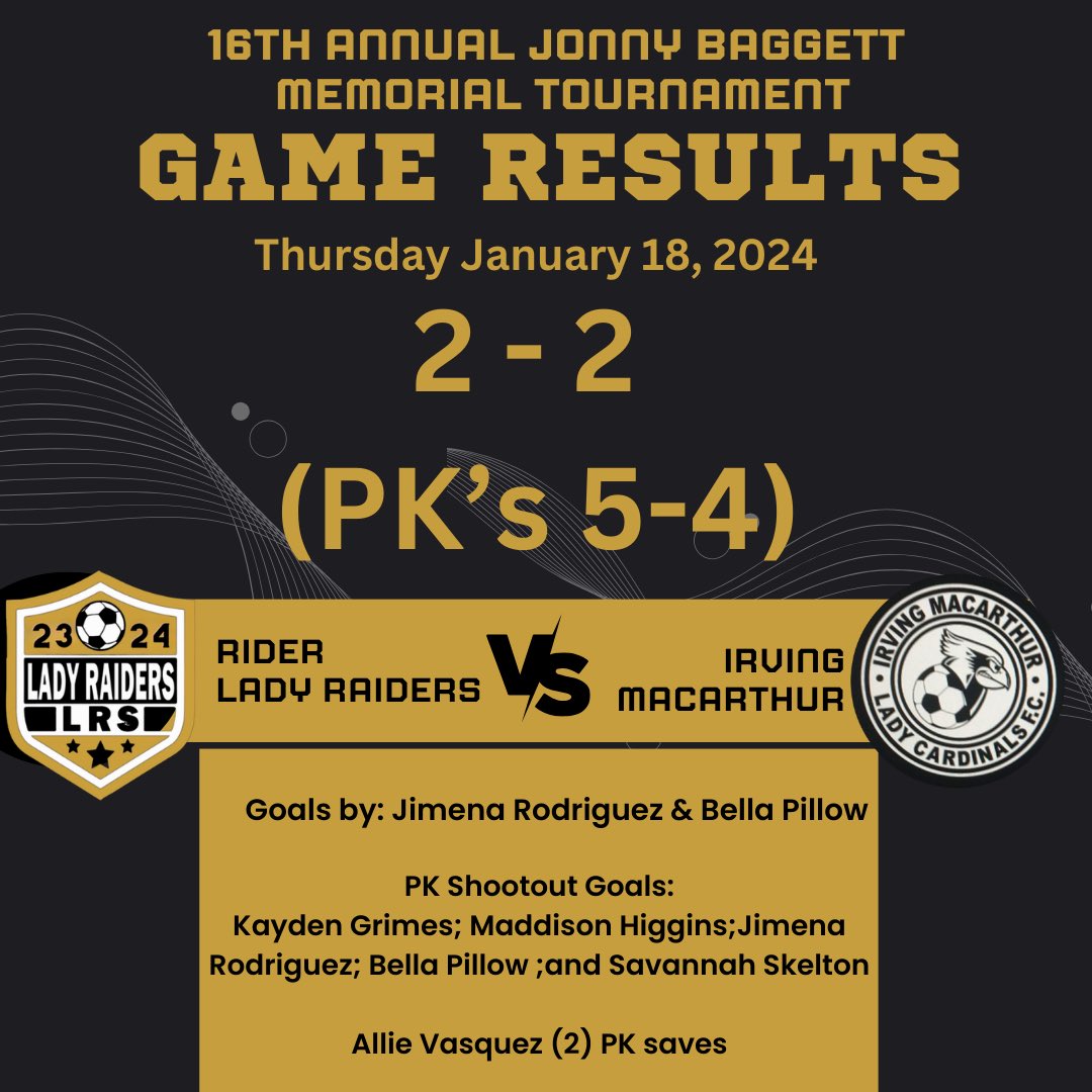 Our Lady Raiders Won today in an exciting PK Shootout!  Way to go Lady Raiders!!!