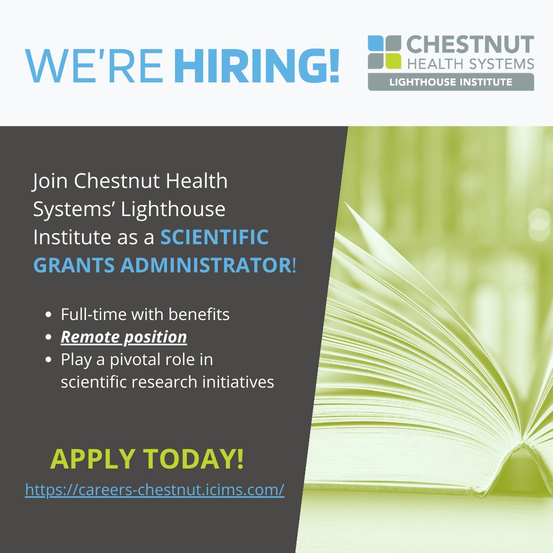 The Lighthouse Institute at <a href="/ChestnutHealth/">Chestnut Health Systems</a> is hiring a Scientific Grants Administrator! 📣This is a full-time remote position with benefits, and an excellent opportunity to contribute to important scientific initiatives.
Learn more and apply here: careers-chestnut.icims.com/jobs/4112/scie…