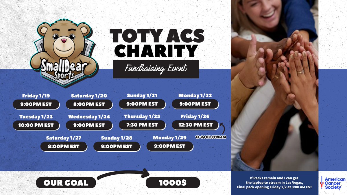 smallbearsports's tweet photo. TOTY is finally here and for the first time ever, and inspired by my friend @Nick28T, this year's TOTY Event on the channel will be a charity event for The American Cancer Society in memory of my mother Denise Benson who passed away from lymphoma in 1991 when I was just 5 years old.

I have set the fundraising goal at $1,000 which is less than $100 a stream and we will be full sending every night starting tomorrow.  As many of my viewers know, I leave for Las Vegas on a work trip Tuesday 1/30 so we have our work cut out for us to open all of these packs in time, given we leave no man behind.

The current pack tracker can be found below, shoutout to @MattFUTTrading for creating another template this year and best of luck to him on his event and pack pulls as well!
https://t.co/rT3QGfiESu

The charity link for the event can be found here:
https://t.co/2cQf2lGU9i

At the end of the event I will be donating the sub revenue, and $100 per unique TOTY year pulled over the event to the Tiltify campaign as well.

Cannot wait to see my community live on stream, and please make special note of Friday 1/25 where I will be doing my first ever 12 hour+ stream!

Please share and like if you are so inclined and look forward to seeing you as we chase TOTY pack pulls for the 4th year running. Thank you and Cheers! ❤️❤️❤️
