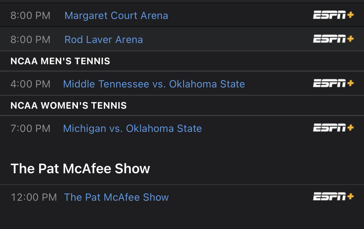 Don’t you love to see college tennis on the schedule next to @PatMcAfeeShow? Join @AlGruskin tomorrow on ESPN+ for our first @CrossCourt_Cast of the season - a doubleheader in Stillwater! @MT_MensTennis at @CowboyTennis #4 @UMichWTennis at #5 @CowgirlTennis 🎥: @CR_Producer