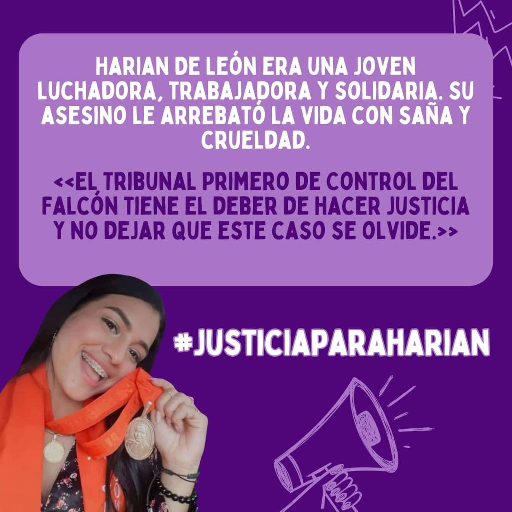 GabiurrutiaP94's tweet photo. Harian De León era una joven luchadora, trabajadora y solidaria. Su asesino le arrebató la vida con saña y crueldad. El Tribunal Primero de Control del Falcón tiene el deber de hacer justicia y no dejar que este caso se olvide. #JusticiaParaHarian #HarianDeLeon @BeatrizRabg https://t.co/8SCehLM0np