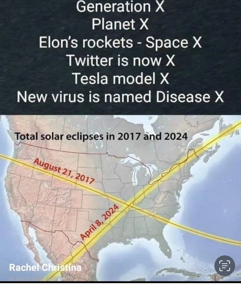 myfriendblondie's tweet photo. 2024 > 24 = X 
4/8/24: Great American Eclipse Xing over USA- Mexico- Canada https://t.co/1LSUL4aUXS