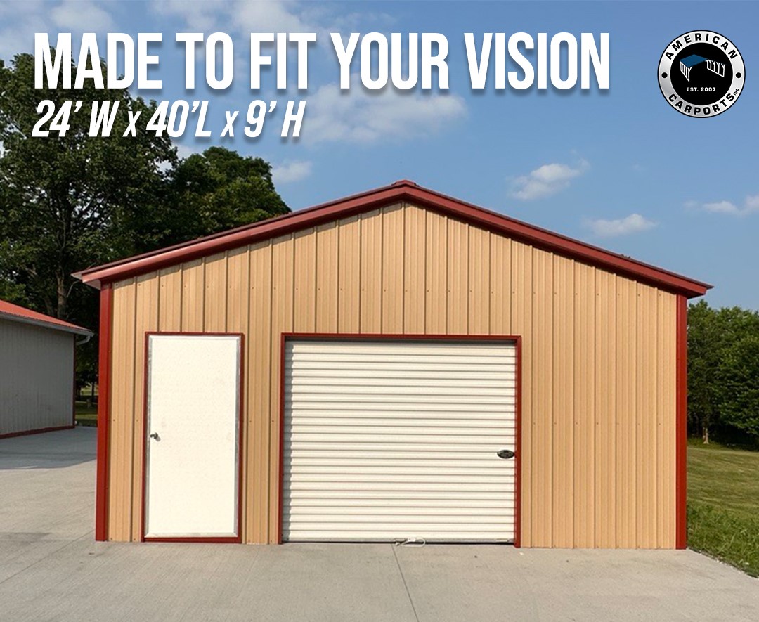 Check out this 24' W x 40' L x 9' H Garage, complete with a 10' x 7' roll-up door and a convenient walk-in door!

Start designing yours here: zurl.co/BMvS

#EvergreenCarports #Carport #MetalBuildings #RVCover #MadeInWashington #Garage #Storage