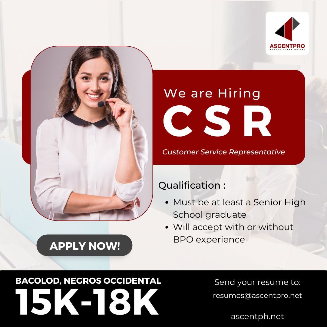 ascent_pro's tweet photo. Now Hiring!!!
Customer Service Representative
Permanent and Direct Hire
Work set up: Onsite
Onboarding Date: ASAP
Location: Bacolod, Negros Occidental
Salary Range: 15K-18K
Please send your resume to resumes@ascentpro.net 
#Ascentpro #CSR #Bacolod #NegrosOccidental #BPO #voice https://t.co/l1ohSUNq41