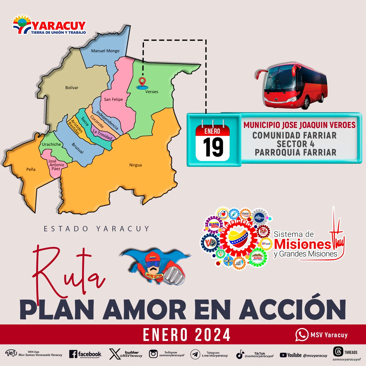 🗓 Viernes 19 de Enero, Jornada PLAN AMOR EN ACCIÓN en la Comunidad Farriar Sector 4, Parroquia Farriar Municipio José Joaquín Veroes.
A partir de las 8:00 a.m. 
#VenezuelaFuerzaEconómica
<a href="/NicolasMaduro/">Nicolás Maduro</a>
<a href="/MervinMaldonad0/">Mervin Maldonado</a>
<a href="/jhoagaby/">Jhoanna G Carrillo M</a>
<a href="/MSVEnLinea/">Somos Venezuela | MSVEnLinea</a>
<a href="/JLEONYARA/">JULIO LEÓN</a>
<a href="/LeonaldoMachad2/">Leonaldo Machado Landinez</a>