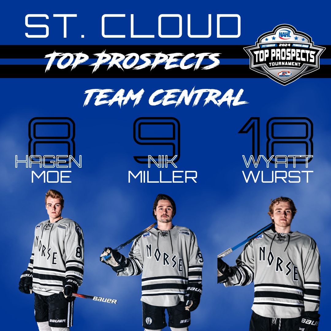StCloudNorsemen's tweet photo. Congrats to our Norsemen players heading to the Top Prospects 2024 Hagen Moe, Nik Miller, and Wyatt Wurt on Team Central and Keaton Orrey and Michael Coleman on the NAHL Selects Gold team. #nahlhockey #nahltopprospects https://t.co/WsuYmbztJT