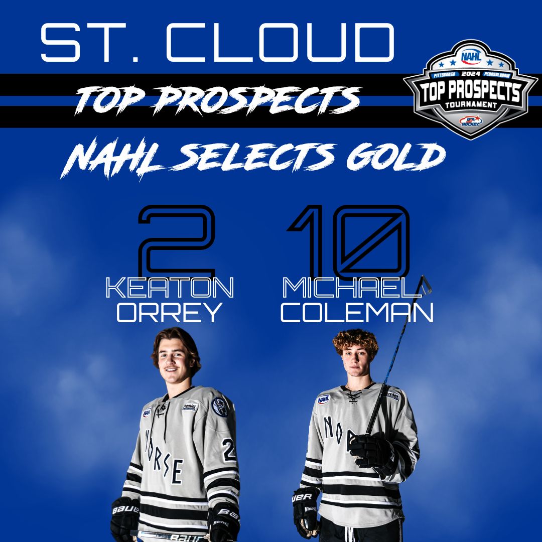 StCloudNorsemen's tweet photo. Congrats to our Norsemen players heading to the Top Prospects 2024 Hagen Moe, Nik Miller, and Wyatt Wurt on Team Central and Keaton Orrey and Michael Coleman on the NAHL Selects Gold team. #nahlhockey #nahltopprospects https://t.co/WsuYmbztJT