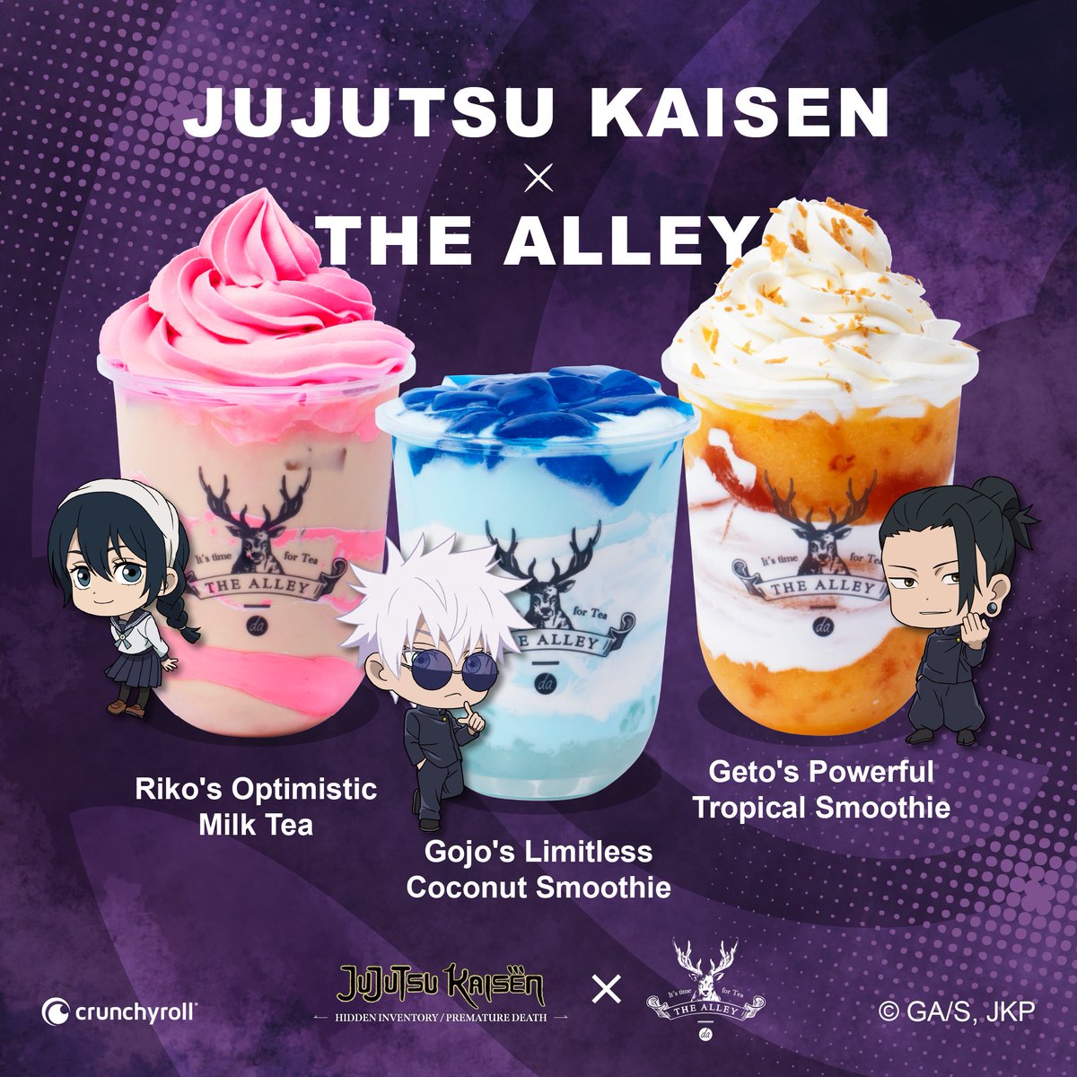 The Alley launched three co-branded drinks with Jujutsu Kaisen. 💙 Gojo's Limitless Coconut Smoothie 💛 Geto's Powerful Tropical Smoothie 💗 Riko's Optimistic Milk Tea Has anyone tried all of them? If so, you're a truly Special Grade Fan! Leave the comment tell us which is your