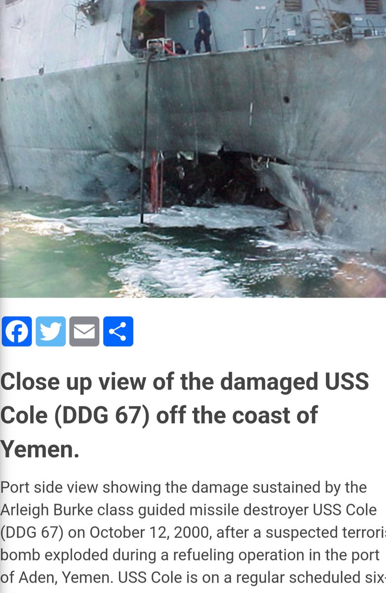 Never forget our murdered brothers!! ⚓Semper Fortis⚓ Close up view of the damaged USS Cole (DDG 67) off the coast of Yemen. dod.defense.gov/OIR/gallery/ig…