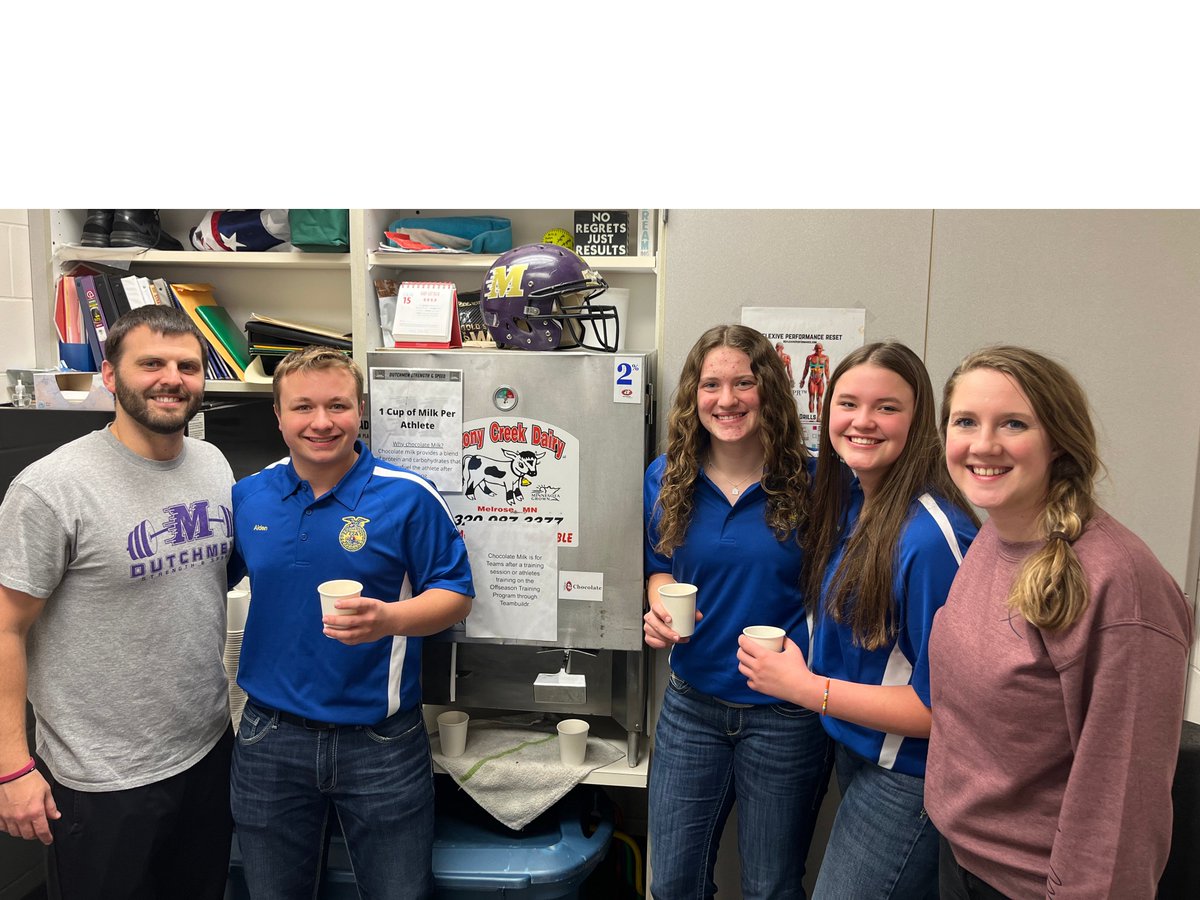 A big THANK YOU to our Melrose FFA and these members for their generous donation to the weight room of 2 bags of chocolate milk! Members from left to right: Aiden Hellermann, Grace Herdering, and Gretta Kasper. Pictured with them is their Advisor, Mrs. Seifert.

#RaiseTheBar