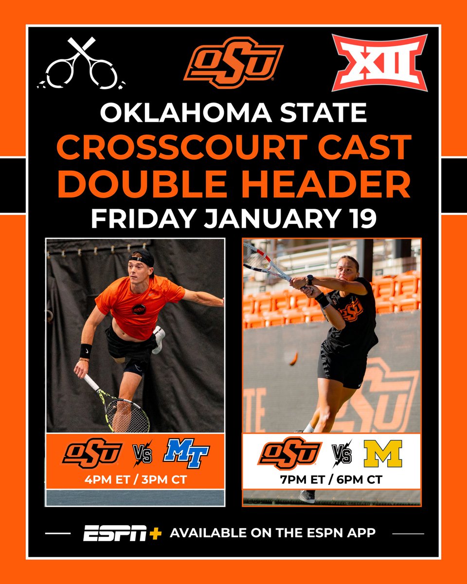 Tomorrow’s @CrossCourt_Cast Doubleheader ft. @AlGruskin on ESPN+ 4pm ET - @MT_MensTennis at @CowboyTennis 📺: espn.com/espnplus/playe… 7pm ET - #4 @UMichWTennis at #5 @CowgirlTennis 📺: espn.com/espnplus/playe…