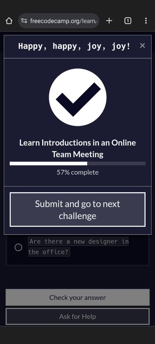 SUMERMULLEN's tweet photo. R3 D23 #100DaysOfCode continued with the A2 English for Developers course by
@freeCodeCamp
, Introductions in an online team meeting Making a 2% progress! https://t.co/gsMllFaOhD