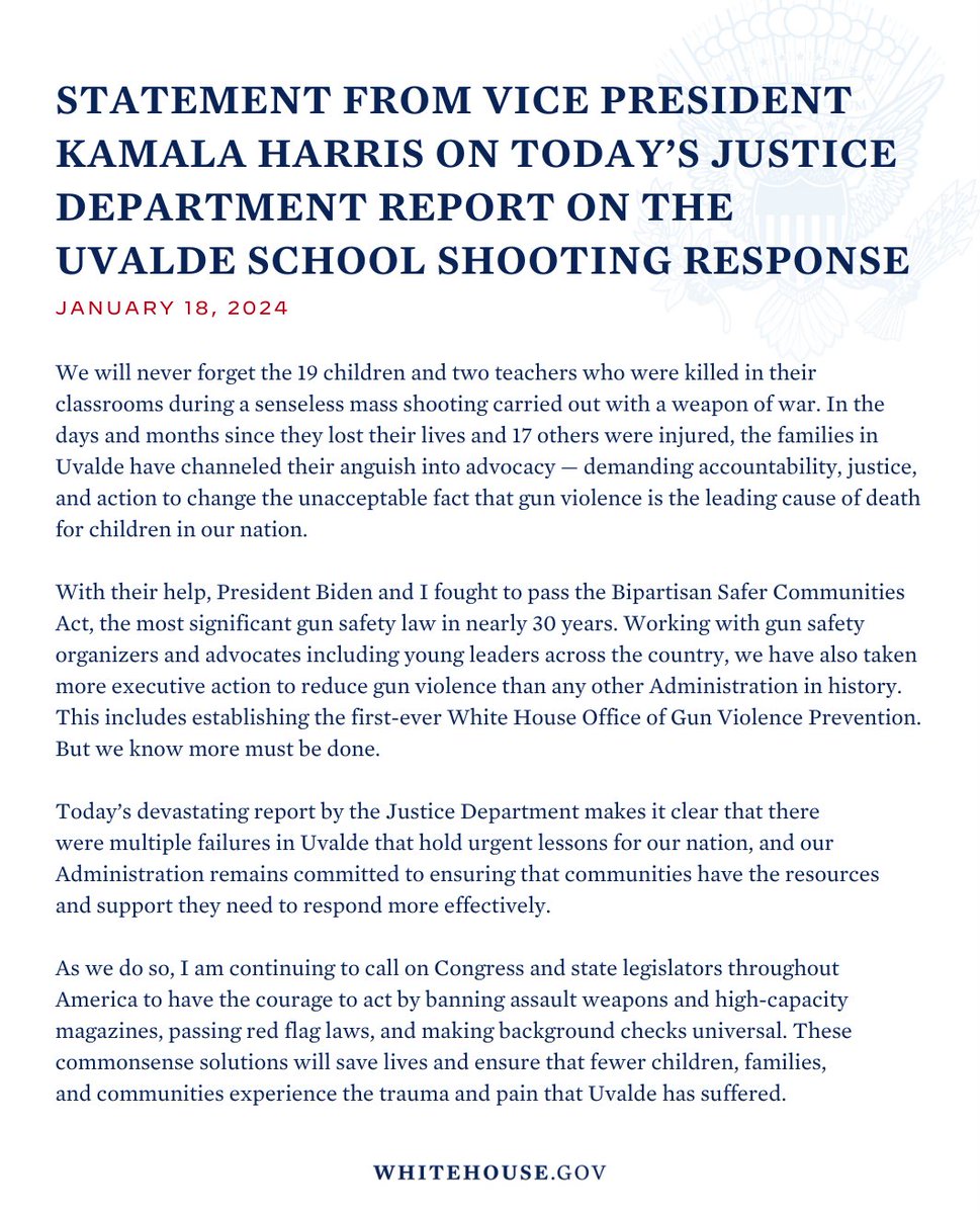 We will never forget the 19 children and two teachers who were killed in their classrooms during a senseless mass shooting carried out with a weapon of war at Robb Elementary School. Read my full statement on the Justice Department's report on the Uvalde school shooting: