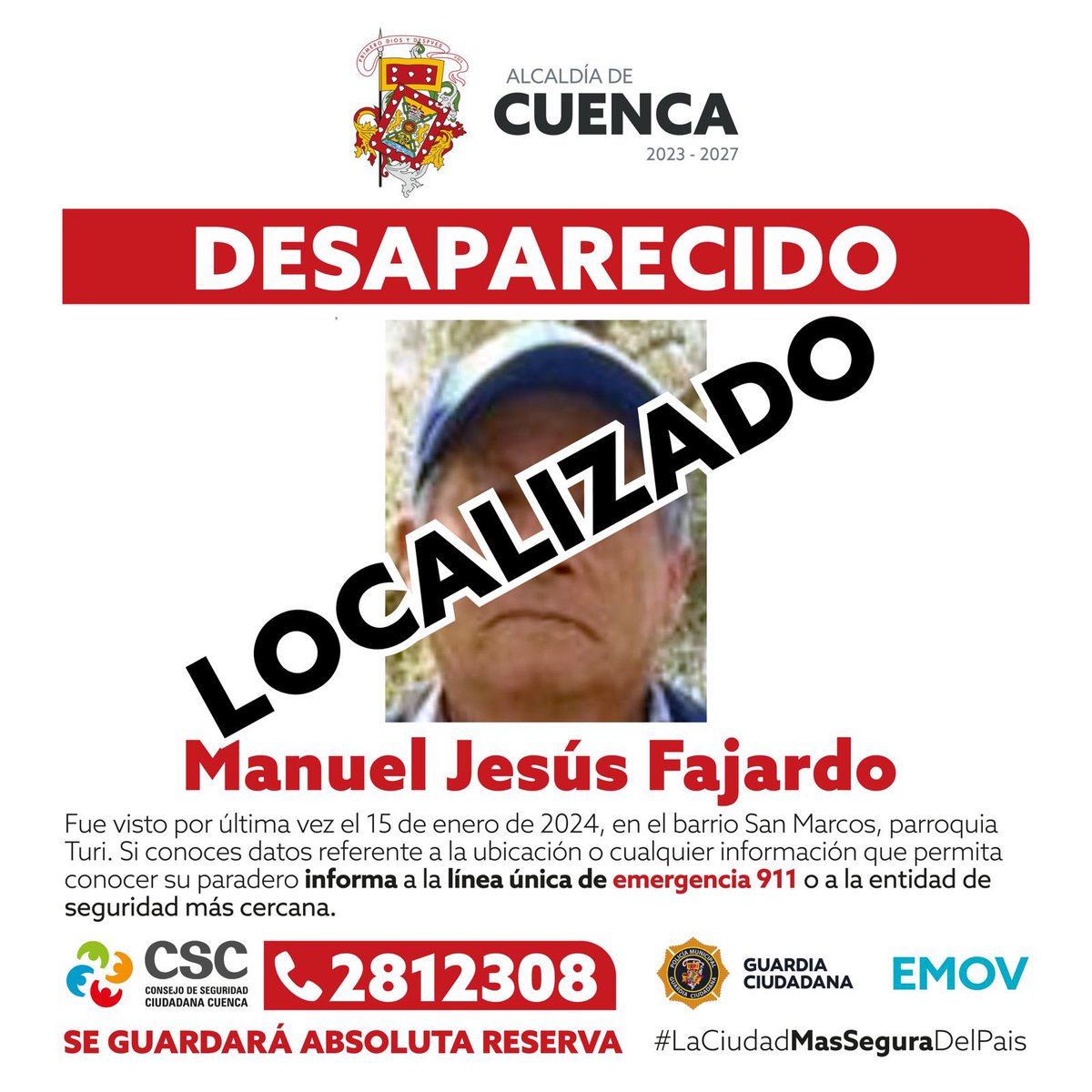 MunicipioCuenca's tweet image. 🚨#Localizado ll Gracias al apoyo de todos #AquíNosCuidamosTodos 🤝❤️💛