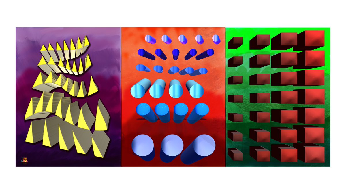 jeffmendenhal11's tweet image. Here are the three primary shapes w/ their colors. The background consists of three secondary/complementary colors. The artwork is digital. Created in Adobe Illustrator and Photoshop. #yellow #yellowart #triangleart #digitalart #3dart #movementart #monochromeart