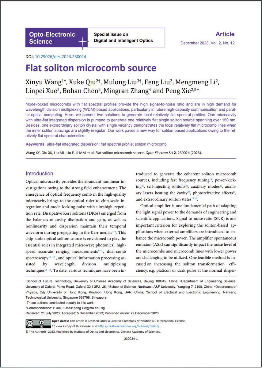OptoElectronAdv's tweet photo. #OES_highlight Flat soliton microcomb source https://t.co/tlGOpP5tbK by Prof. #PengXie @UniofOxford @NTUsg #flat #soliton #mircocomb #ultraflat #integrated #dispersion #spectral https://t.co/64iStydD3j