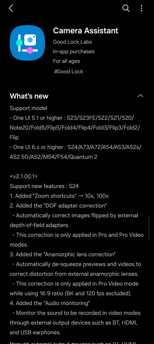 theordysm's tweet image. FYI: Camera Assistant update (2.1.00.1)

Nice to see the &apos;zoom shortcuts&apos; being added (for S24 series)

#GalaxyS24Series #GoodLock #CameraAssistant