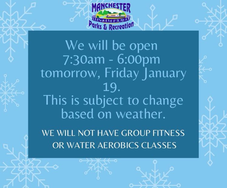ManTNRec's tweet image. We will be operating as normal from 7:30am - 6pm tomorrow, January 19. We will not be hosting group fitness or water aerobics classes. Hours are subject to change due to the weather. Keep up with us here on Facebook and Instagram for updates!