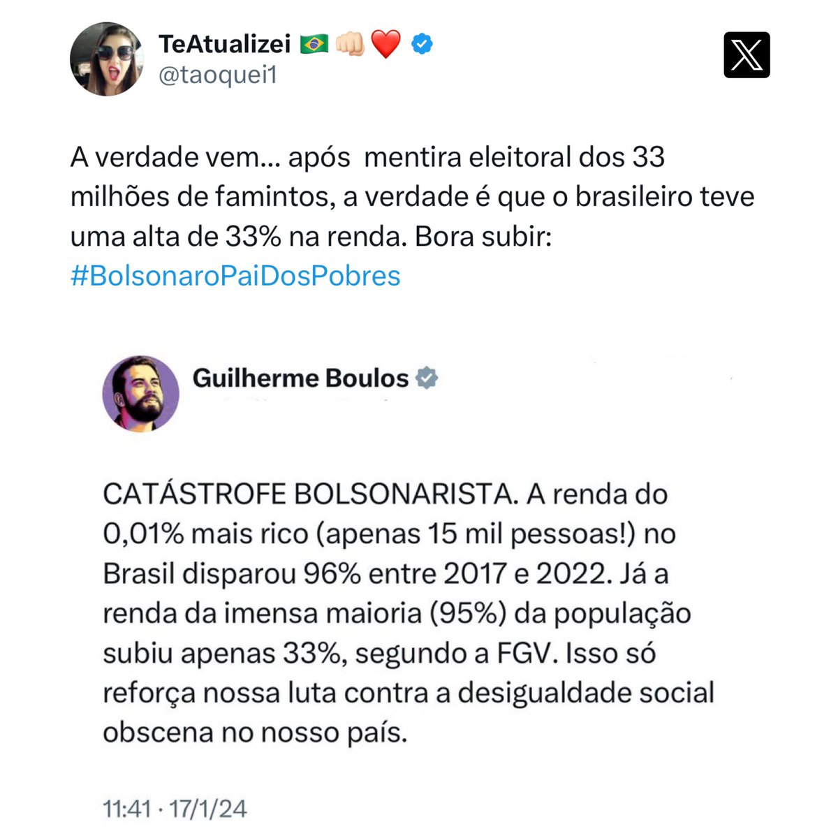 Agradeço ao Bolos pela sinceridade de expor que a distribuição de renda avançou durante nossa gestão mesmo que não tenha sido essa sua intenção e tenha apagado a postagem logo em seguida.