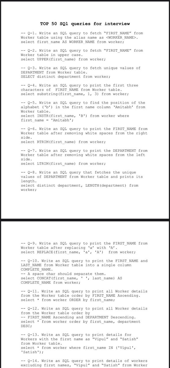 omoalhajaabiola's tweet image. Top 50 SQL queries during Interviews