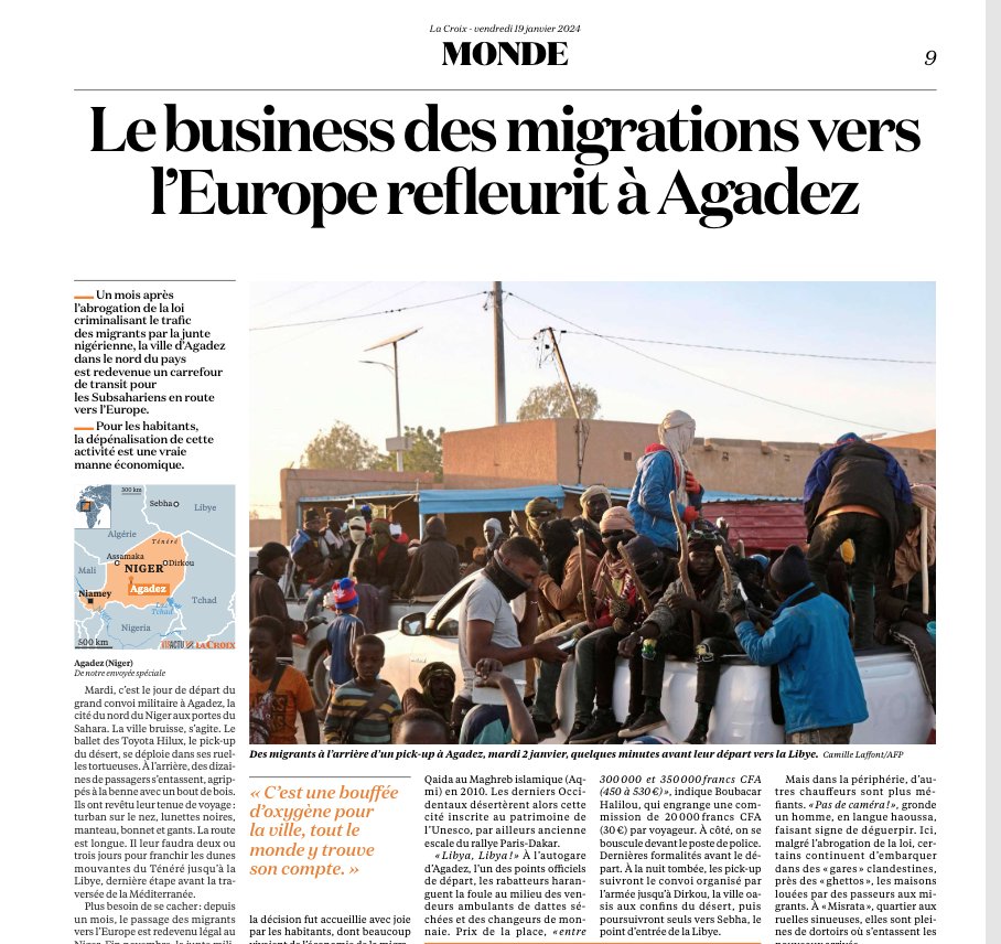 "Ce sont aux pays de destination de gérer ses flux, pas à nous" : Dans le journal <a href="/LaCroix/">La Croix</a> ce vendredi, plongée dans le monde des passeurs d'#Agadez, aux portes du désert du #Niger, carrefour migratoire pour les Subsahariens vers le Maghreb et l'Europe. la-croix.com/international/…