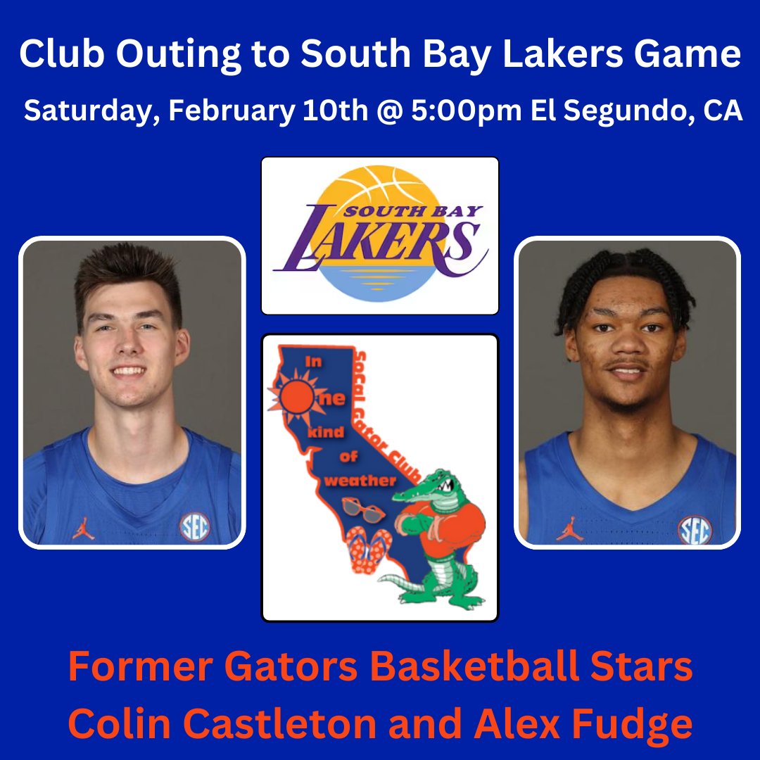 The SoCal Gators are going to the South Bay Lakers game on Sat., Feb. 10th at 5:00pm in El Segundo. Former Gator basketball stars Colin Castleton and Alex Fudge play for the South Bay Lakers. Please fill out the interest form below.
Thanks and Go Gators!

forms.gle/71c4odGVs2emr5…