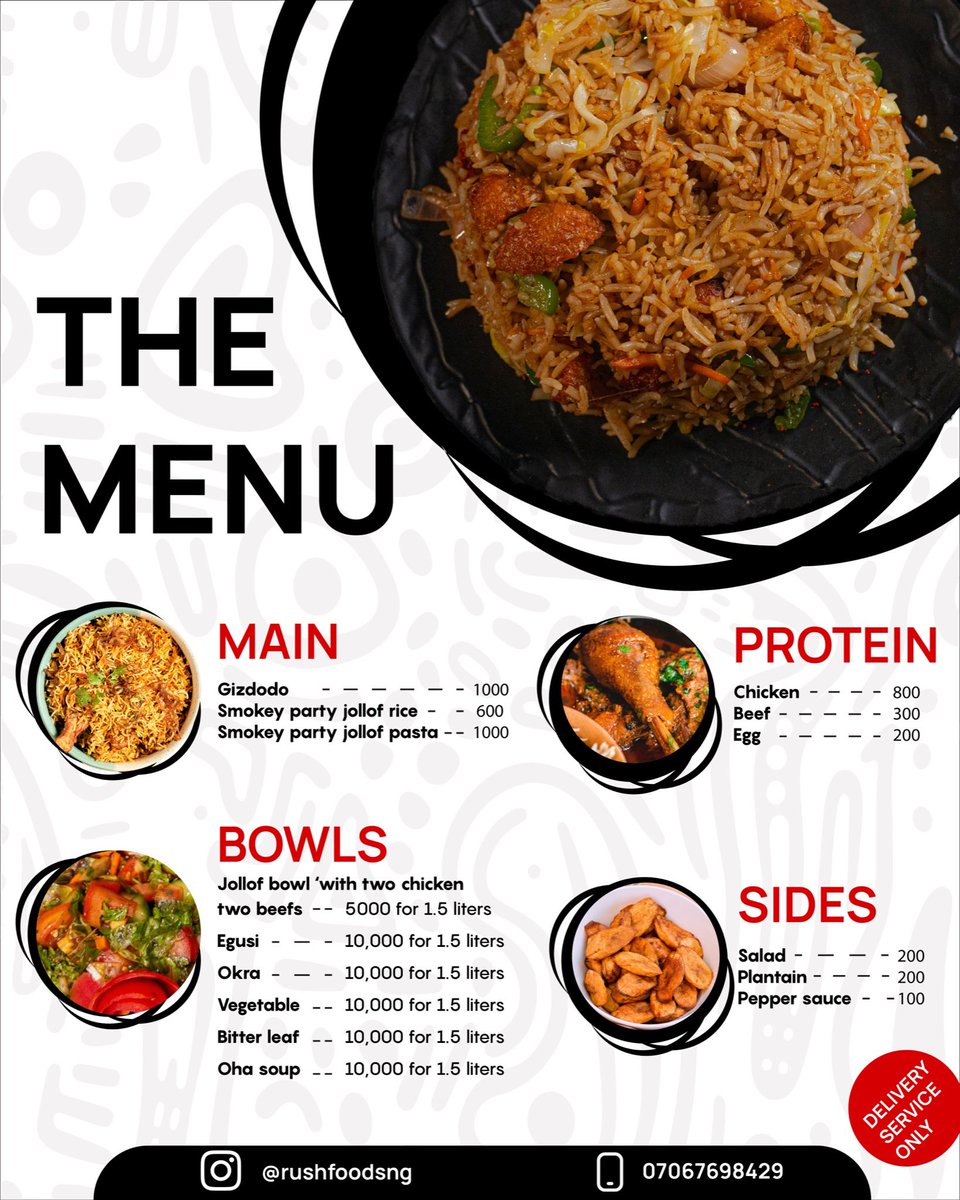 rushfoodsng's tweet photo. Exciting News! Indulge your taste buds with our latest menu drop at Rushfoods!  Explore delicious options that will satisfy every craving. Don't miss out—order now and experience the rush of flavor! #Rushfoods #NewMenuDrop #FoodieDelight #ExperienceMore https://t.co/RKg0OzaLXN