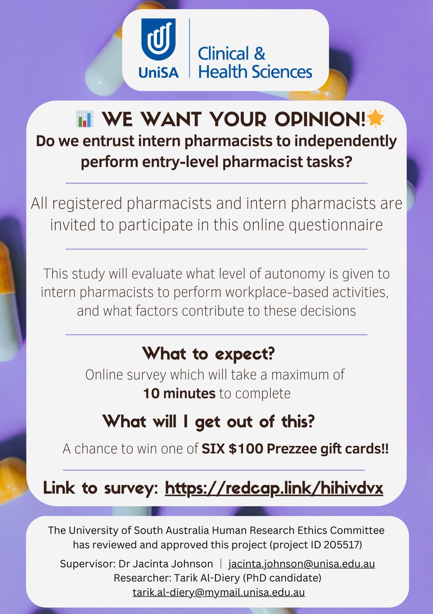 RavensRecruit's tweet image. Shared on behalf of  Tarik Al-Diery, a PhD candidate at UniSA. 
Online Survey Link: redcap.link/modjoren

#EPA #EntrustableProfessionalActivities #Competencies #CompetencyFrameworks #CompetencyBasedEducation #InternPharmacist #Pharmacy
