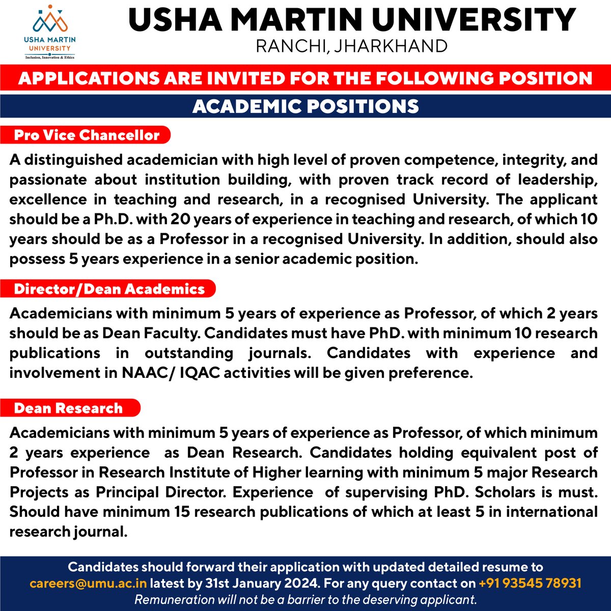 UMU invites Applications for Academic Positions. All eligible and deserving candidates must e-mail their Curriculum Vitae / Resume to careers@umu.ac.in by 31st January 2024. 
Apply Now: umu.ac.in/career/
#academicpositions #Hiring