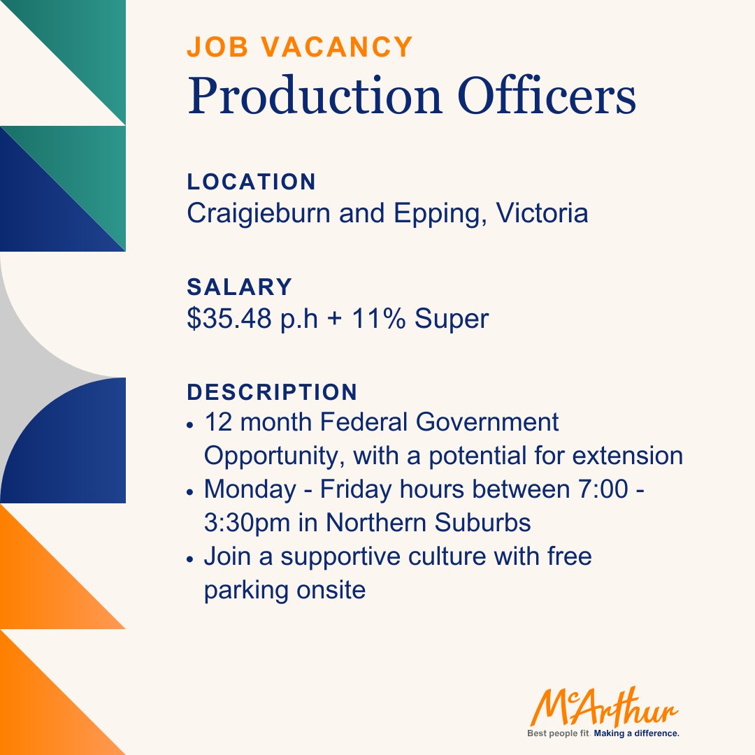 ✨ McArthur is seeking Production Officers for immediate start in the Northern Suburbs of Melbourne.   *PLEASE NOTE: You must be an Australian Citizen to apply.*  

mcarthur.com.au/jobs/details/a…

#melbournejobs #victoriajobs #productionofficer #contractjobs #opportunity