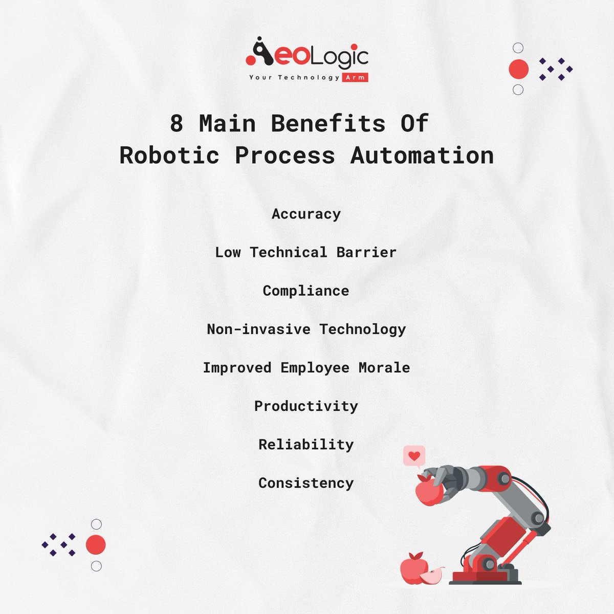 Top Benefits of Robotic Process Automation

Interested in exploring how RPA can revolutionize your business processes?

📞 Contact us at +91-120-3200058
📧 Email us at support@aeologic.com

#RoboticProcessAutomation #DigitalTransformation #BusinessEfficiency  #TechSolutions