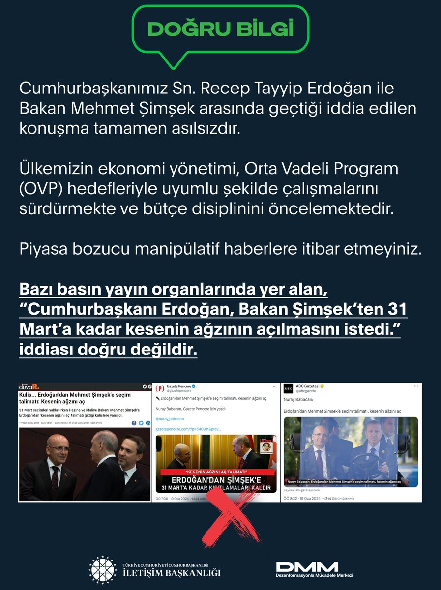 Bazı basın yayın organlarında yer alan, “Cumhurbaşkanı Erdoğan, Bakan Şimşek’ten 31 Mart’a kadar kesenin ağzının açılmasını istedi.” iddiası doğru değildir. Cumhurbaşkanımız Sn. Recep Tayyip Erdoğan ile Bakan Mehmet Şimşek arasında geçtiği iddia edilen konuşma tamamen…