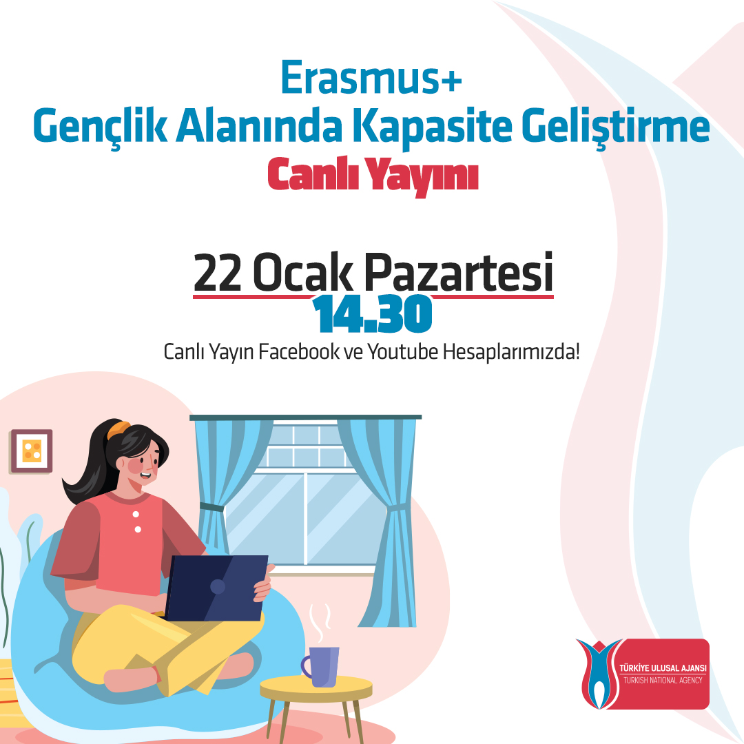 Canlı yayınımıza davetlisiniz‼️ Erasmus+ Merkezi Gençlik Alanında Kapasite Geliştirme projesini ayrıntılı inceleyeceğimiz canlı yayınımıza sizleri de bekliyoruz. 🗓️22 Ocak 2024 ⏲️14:30 🔗Canlı yayınımız @ulusalajans kullanıcı adıyla Facebook ve Youtube sayfalarımızda.