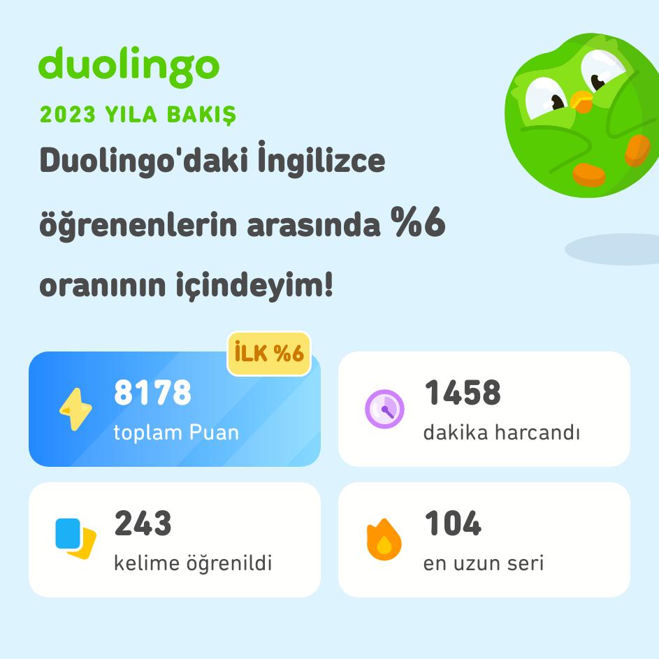 2023'te Duolingo'da ne kadar çok şey öğrendiğime bak! Sen neler yaptın? #Duolingo365