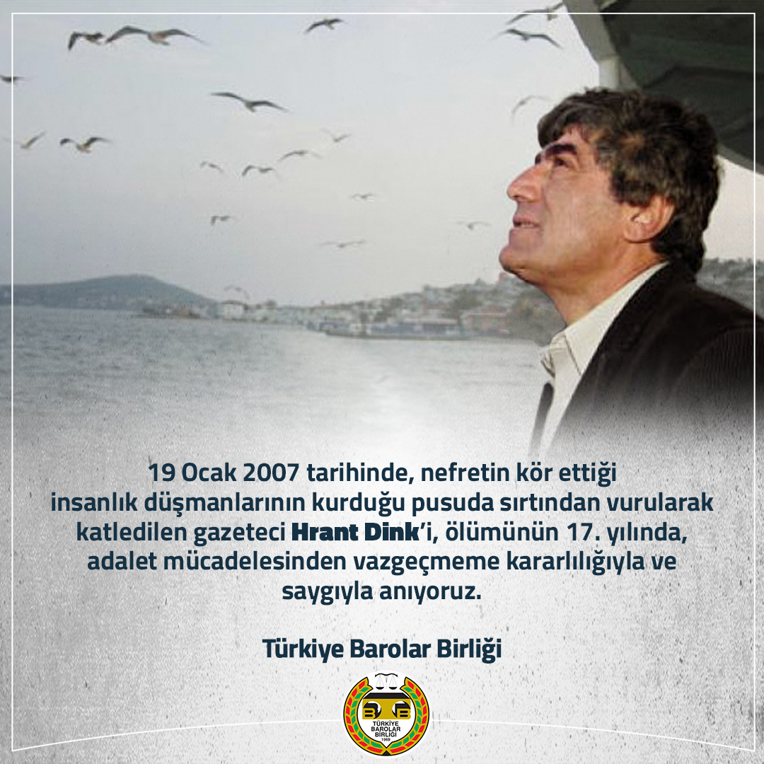 19 Ocak 2007 tarihinde, nefretin kör ettiği insanlık düşmanlarının kurduğu pusuda sırtından vurularak katledilen gazeteci #HrantDink’i, ölümünün 17. yılında, adalet mücadelesinden vazgeçmeme kararlılığıyla ve saygıyla anıyoruz.