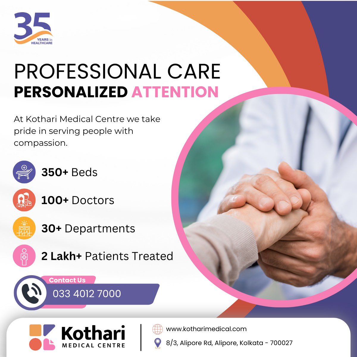 🏥 Discover the pinnacle of professional care and personalized attention at Kothari Medical Centre! With over 350+ beds, 100+ dedicated doctors, and 30+ specialized departments, your health journey is in expert hands.

#KothariCare #HealthcareExcellence #PersonalizedAttention