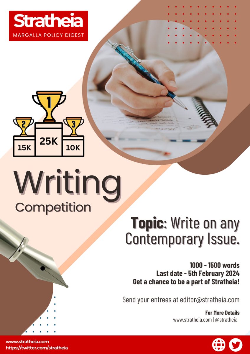 'Stratheia is thrilled to announce a writing competition open to all #researchers.📢'
Theme: Contemporary Issues
Deadline: February 5th, 2024
Guidelines : stratheia.com/write-for-us/
Email your entry to editor@stratheia.com by the deadline
#WritingCompetition #ScholarshipOpportunity