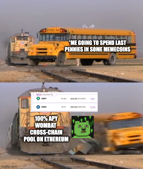 WombatIntern's tweet photo. Quick overview of some yield-farming opportunities on Wombat this week, including ways for you to earn >100% APY on stables. 😶 

I won't tell you where to ape in. For me, it has to be Wombat Cross-chain Pool on Ethereum this time. 👀 https://t.co/eP2H1MHD3G