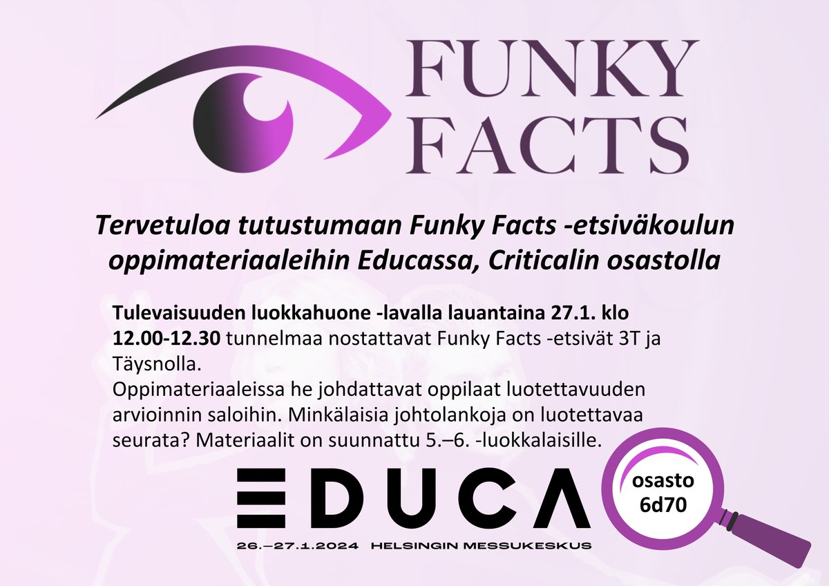 Carita Kiili (@ckiili) on Twitter photo On aika päästää akatemiatutkijaprojektissani <a href="/SuomenAkatemia/">Suomen Akatemia | Research Council of Finland</a> kehitetty Funky Facts -etsiväkoulu luokkahuoneisiin. Lanseeraus #Educa2024. Materiaalit tulevat Avointen oppimateriaalien kirjastoon <a href="/Opetushallitus/">Opetushallitus</a>. Tule tutustumaan etsiväkouluun <a href="/EduCritical/">CRITICAL</a> osastolle <a href="/Akatemia_STN/">Strateginen tutkimus</a> On aika päästää akatemiatutkijaprojektissani <a href="/SuomenAkatemia/">Suomen Akatemia | Research Council of Finland</a> kehitetty Funky Facts -etsiväkoulu luokkahuoneisiin. Lanseeraus #Educa2024. Materiaalit tulevat Avointen oppimateriaalien kirjastoon <a href="/Opetushallitus/">Opetushallitus</a>. Tule tutustumaan etsiväkouluun <a href="/EduCritical/">CRITICAL</a> osastolle <a href="/Akatemia_STN/">Strateginen tutkimus</a>